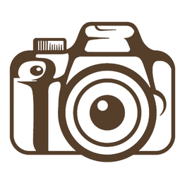 Cámara de dibujos animados en tonos marrones y blancos, con estilo simple y minimalista.