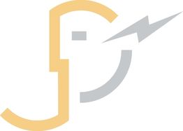 Abstraktes Logo mit gelbem "J", grauem Blitz rechts, stilisiertem Design auf weißem Hintergrund.