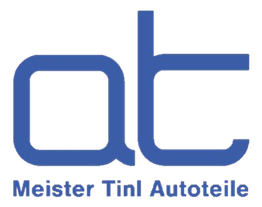 Logo von "Meister Tini Autoteile" mit blauen Buchstaben "at" auf grauem Hintergrund.