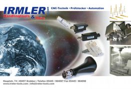 IRMLER-Werbung mit CNC-Teilen, Erde und Maschinen; Kontaktinfos unten, Werkzeuge rechts oben.