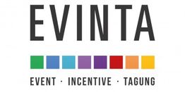 "EVINTA Logo mit sieben bunten Quadraten und den Worten Event, Incentive, Tagung darunter."