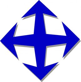 Blaues Kreuz mit vier Pfeilen in alle Richtungen auf weißem Hintergrund.