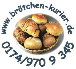 Korb mit verschiedenen Brötchen und Gebäck, Webseite und Telefonnummer: www.brötchen-kurier.de.