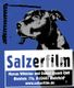 Schwarz-weißer Hund mit Salzerfilm-Logo, Adresse und Website auf blauem Hintergrund.