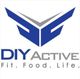 DIY Active logo with blue abstract wings and tagline: "Fit. Food. Life."