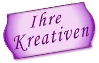 Lila Schild mit der Aufschrift "Ihre Kreativen" in geschwungener Schrift.