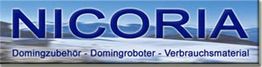 Aufschrift: NICORIA. Domingzubehör - Domingroboter - Verbrauchsmaterial. Hintergrund: Berge.