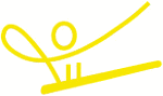 Gelbes Icon eines Skispringers in minimalistischer Darstellung.