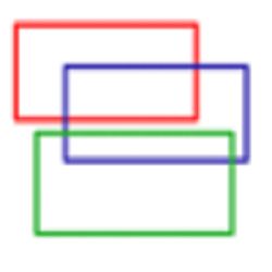 Three overlapping rectangles: red, blue, and green, creating a layered visual effect.