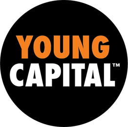 Logo van Young Capital met oranje tekst "YOUNG" en witte tekst "CAPITAL" tegen een zwarte achtergrond.