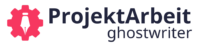 Logo von "ProjektArbeit Ghostwriter" mit rotem Zahnrad und Stift-Symbol.