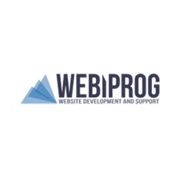 Logo von Webiprog mit blauen Dreiecken und dem Schriftzug „Website Development and Support“.