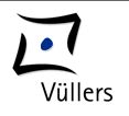Logo mit stilisiertem Quadrat und blauem Punkt, Text "Vüllers" unten.