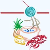 Zeichnung eines Kochs mit Topf, Ananas, Käse und Hummer, über einer roten Linie.