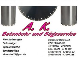 A. K. Betonbohr- und Sägeservice: Kernbohrungen, Betonsägen. Kontaktdaten links.
