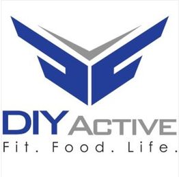 DIY Active logo with blue abstract wings and tagline: "Fit. Food. Life."