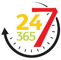 Eine Uhr mit den Zahlen 24, 7 und 365, die ständige Verfügbarkeit darstellen.