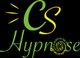 Logo texte "CS Hypnose" en dégradé vert et jaune avec un motif circulaire orné.