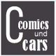 Schwarzes Quadrat mit weißem Text: "Comics und Cars", das C ist groß hervorgehoben.