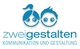 "Logo mit zwei lächelnden Gesichtern und dem Text 'zweigestalten Kommunikation und Gestaltung'."