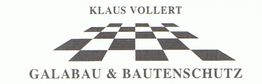 Schachbrettmuster und Text "Klaus Vollert, Galabau & Bautenschutz" in schwarzer Schrift.
