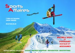 Paysage montagneux avec randonneurs et skieurs. Texte publicitaire pour Sports Affaires Montagne.