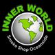 "Inner World Smoke Shop Oceanside" logo with green continents on a silver globe.