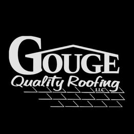 Logo of Gouge Quality Roofing LLC with roof and shingle design on a black background.