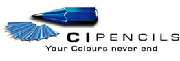 Blauer Stift mit Bleistiftspänen und Text: "CI Pencils - Your Colours never end".