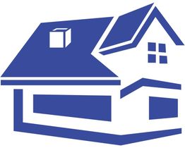 Blaues Symbol eines Hauses mit Schornstein und Fenstern.