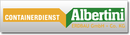 Logo: Containerdienst Albertini, ERDBAU GmbH + Co. KG mit gelbem und grünem Hintergrund.