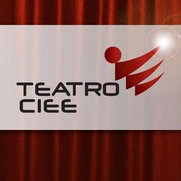 Logotipo do Teatro CIEE com fundo de cortina vermelha e figura estilizada lançando uma bola de luz.