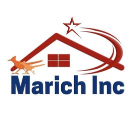Marich Inc logo: house roof shape, bird, star, and swirling lines above blue text.