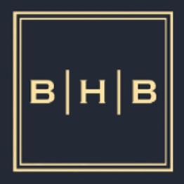 Logo with letters B | H | B in gold, framed by two gold rectangles on a dark background.