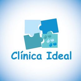 Logotipo da Clínica Ideal com peças de quebra-cabeça azuis e pegadas.