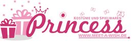 Logo von "Princess" mit Geschenken und Krone, Text: "Kostüme und Spielwaren".