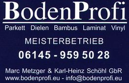 Visitenkarte von BodenProfi, bietet Parkett, Dielen, Bambus, Laminat, Vinyl; Kontakt: 06145-9595028.