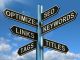 Signpost with arrows labeled: Optimize, SEO, Keywords, Links, Tags, Titles against a blue sky.