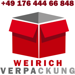 Rotes Verpackungssymbol mit Telefonnummer und "Weirich Verpackung" darunter.