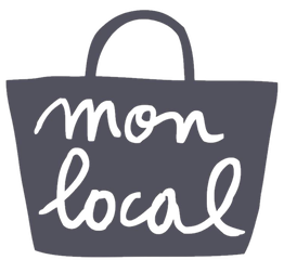 Sac gris avec les mots "mon local" écrits en lettres noires cursives.