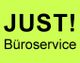 Text: „JUST! Büroservice“ in schwarzer Schrift auf hellgrünem Hintergrund.