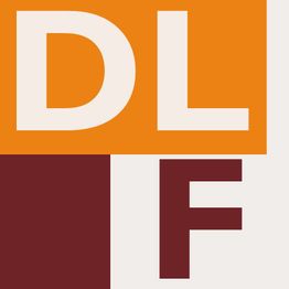 Logo avec les lettres "DLF" en fond orange et bordeaux.