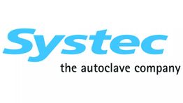 Logo mit blauem "Systec" und schwarzem Text "the autoclave company" darunter.