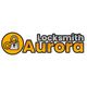 Logo with "Locksmith Aurora" and an icon of a padlock with a key on an orange circle.
