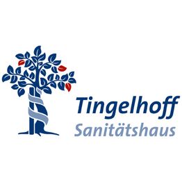 Baum mit Verband und Text "Tingelhoff Sanitätshaus" in blauem und rotem Design.