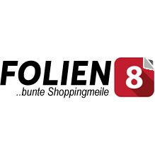 Logo mit Text "FOLIEN8" und Slogan "bunte Shoppingmeile", rotes Quadrat mit Zahl 8.