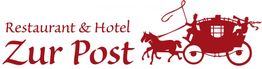 "Rotes Logo von Restaurant & Hotel Zur Post mit Pferdekutsche im Hintergrund."
