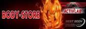 Roter Body-Store-Banner mit brennender Figur und Markenlogos von Activlab und Best Body.