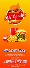 Cardápio de lanchonete com hambúrguer, batata frita e informações de contato.