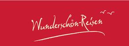 Roter Hintergrund mit dem Logo "Wunderschön-Reisen" und zwei stilisierten Vögeln.